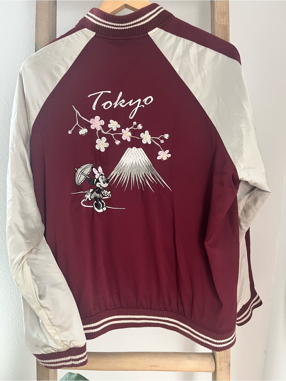 Uniqlo Burgundy and Cream Tokyo Embroidered Bomber Jacket